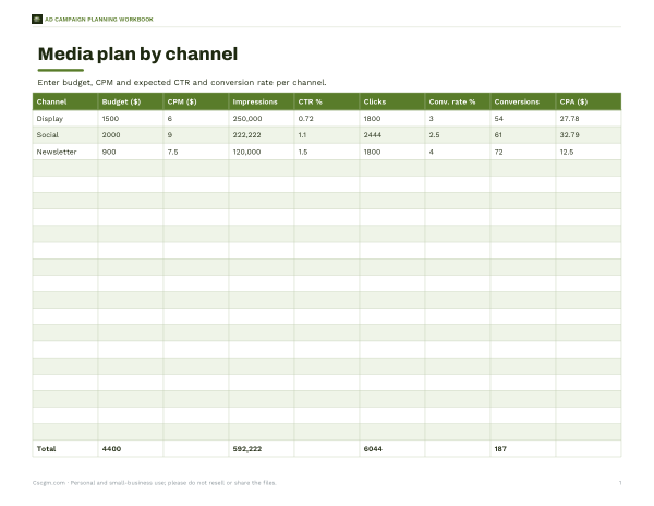 Preview of Printable Media Plan Sheet